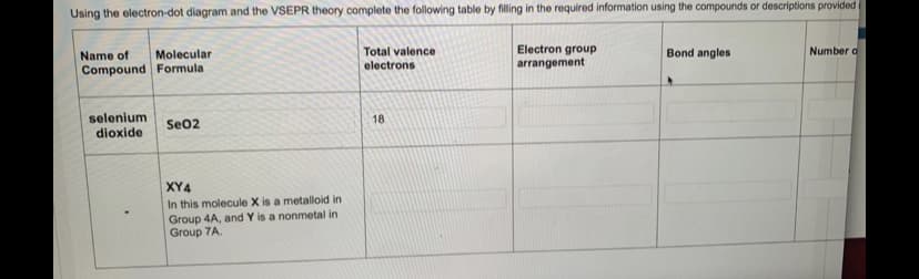 Using the electron-dot diagram and the VSEPR theory complete the following table by filling in the required information using the compounds or descriptions provided
Electron group
arrangement
Name of
Molecular
Total valence
Bond angles
Number a
electrons
Compound Formula
selenium
dioxide
18
Se02
XY4
In this molecule X is a metalloid in
Group 4A, and Y is a nonmetal in
Group 7A.
