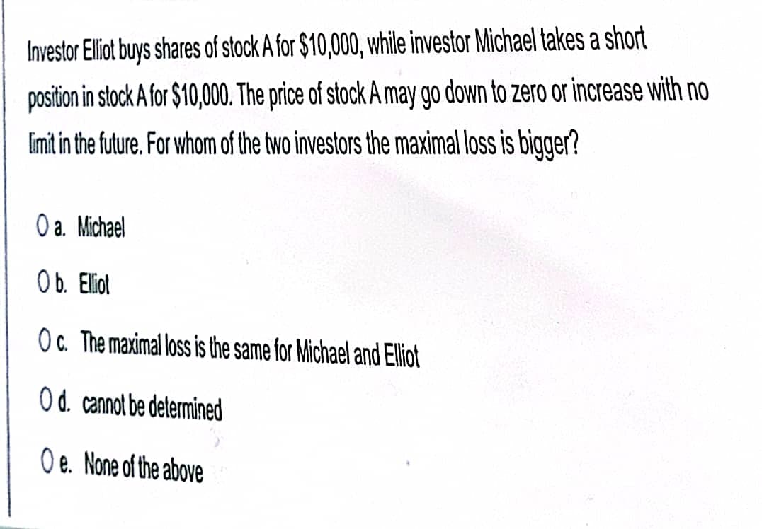 Investor Eliot buys shares of stock A for $10,000, while investor Michael takes a short
position in stock A for $10,000. The price of stockAmay go down to zero or increase with no
Imit in the future. For whom of the two investors the maximal loss is bigger?
O a. Michael
Ob. Ellot
O. The maximal loss is the same for Michael and Elliot
O d. cannot be delermined
O e. None of the above
