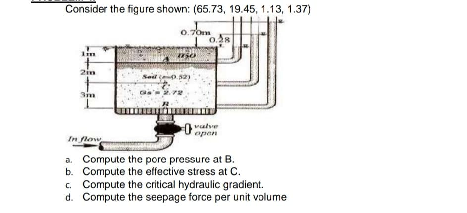 Consider the figure shown: (65.73, 19.45, 1.13, 1.37)
0.70m
0.28
Im
2im
Soil çe0.52)
Ga'- 2.72
0 valve
open
In flow
Compute the pore pressure at B.
b. Compute the effective stress at C.
c. Compute the critical hydraulic gradient.
d. Compute the seepage force per unit volume
