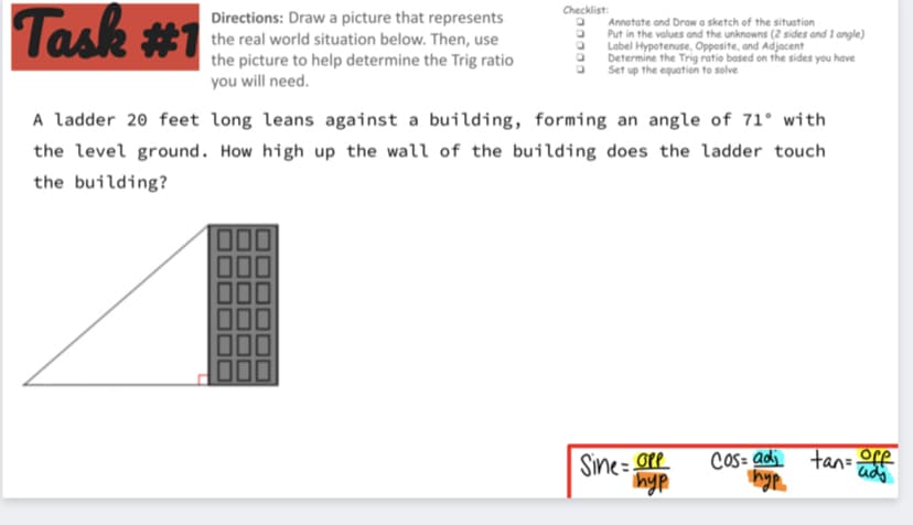 Task #1
Checklist
Directions: Draw a picture that represents
the real world situation below. Then, use
the picture to help determine the Trig ratio
you will need.
Annotate and Draw a sketch of the situation
Put in the values and the unknowns (2 sides and I angle)
Label Hypotenuse, Opposite, and Adjacent
Determine the Trig ratio based on the sides you have
Set up the equation to solve
A ladder 20 feet long leans against a building, forming an angle of 71° with
the level ground. How high up the wall of the building does the ladder touch
the building?
Sine= Ore
nyp
Cos= adj ta= fe
ado
