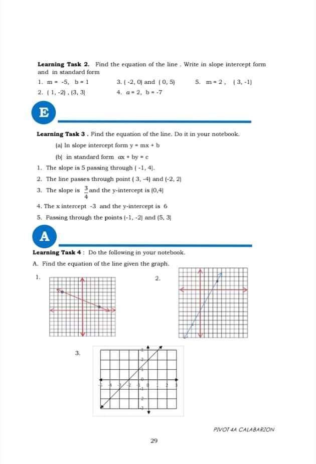 Learning Task 2. Find the equation of the line. Write in slope intercept form
and in standard form
1. m= -5, b- 1
3. ( -2, 0) and (0, 5)
5. m- 2, (3, -1)
2. (1, -2), (3, 3)
4. a- 2, b -7
E
Learning Task 3. Find the equation of the line. Do it in your notebook.
(a) In slope intercept form y = mx + b
(b) in standard form ax + by = c
1. The alope is 5 passing through (-1, 4).
2. The line passes through point ( 3, -4) and (-2, 2)
3. The slope is 3 and the y-intercept is (0,4)
4. The x intercept -3 and the y-intercept is 6
5. Passing through the points (-1, -2) and (5, 3)
A
Learning Task 4: Do the following in your notebook.
A. Find the equation of the line given the graph.
1.
2.
3.
PIVOT 4A CALABARZON
29
