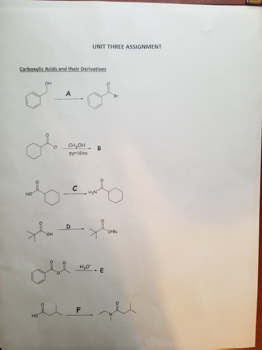Carboxylic Acids and their Derivatives
HO
OH
CI
HO
Xon
OH
A
CH3OH
pyridine
bamb
C
D
UNIT THREE ASSIGNMENT
Н30º
F
B
H₂N
Br
E
OtBu