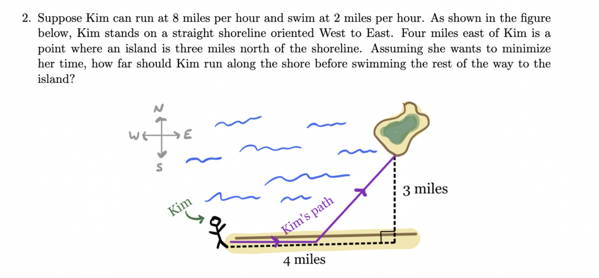 2. Suppose Kim can run at 8 miles per hour and swim at 2 miles per hour. As shown in the figure
below, Kim stands on a straight shoreline oriented West to East. Four miles east of Kim is a
point where an island is three miles north of the shoreline. Assuming she wants to minimize
her time, how far should Kim run along the shore before swimming the rest of the way to the
island?
Kim
3 miles
Kim's path
4 miles
