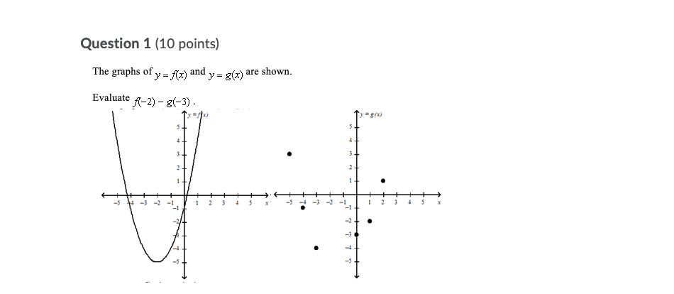 Question 1 (10 points)
The graphs of y - flx) and y = g(x) are shown.
Evaluate -2) - g(-3) .
y3g(x)
3
1
-5
+ -3 -2
