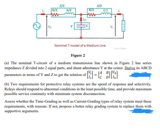 z/2
z/2
R/2
R/2
X/2
X/2
Vs
V.
Nominal T model of a Medium Line
Circuit Globe
Figure 2
(a) The nominal T-circuit of a medium transmission line shown in Figure 2 has series
impedance Z divided into 2 equal parts, and shunt admittance Y at the center. Derive its ABCD
[A B1[VR
parameters in terms of Y and Z to get the relation of = BE-
(b) Two requirements for protective relay systems are the speed of response and selectivity.
Relays should respond to abnormal conditions in the least possible time, and provide maximum
possible service continuity with minimum system disconnection.
Assess whether the Time-Grading as well as Current-Grading types of relay system meet these
requirements, with reasons. If not, propose a better relay grading system to replace them with
supportive arguments.
LOAD
