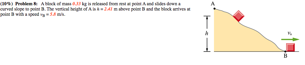 (10%) Problem 8: A block of mass 0.33 kg is released from rest at point A and slides down a
curved slope to point B. The vertical height of A is h = 2.41 m above point B and the block arrives at
point B with a speed vB = 5.8 m/s.
VB
B