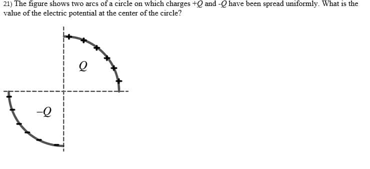 21) The figure shows two arcs of a circle on which charges +Q and -Q have been spread uniformly. What is the
value of the electric potential at the center of the circle?
