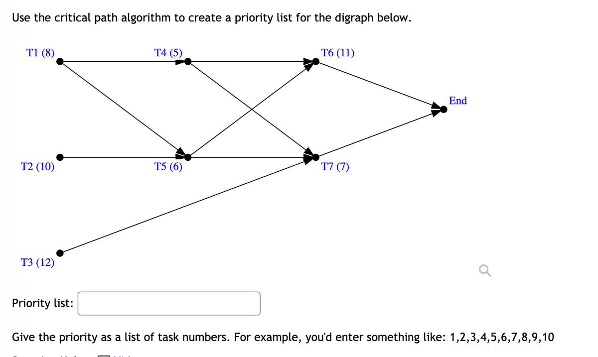 Use the critical path algorithm to create a priority list for the digraph below.
T4 (5)
Т6 (11)
T1 (8)
End
T2 (10)
T5 (6)
T7 (7)
ТЗ (12)
Priority list:
Give the priority as a list of task numbers. For example, you'd enter something like: 1,2,3,4,5,6,7,8,9,10
