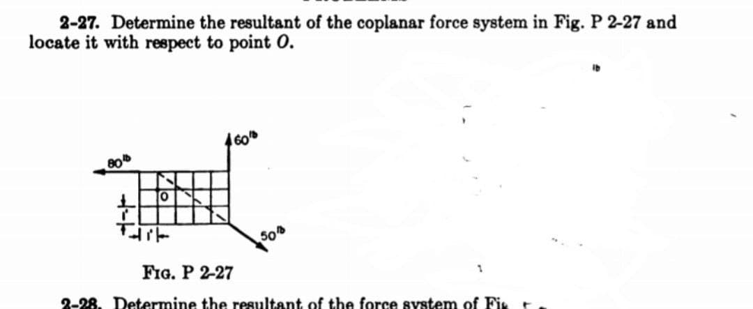 2-27. Determine the resultant of the coplanar force system in Fig. P 2-27 and
locate it with respect to point 0.
160"
80
50
FIG. P 2-27
2-28. Determine the resultant of the force system of Fir
