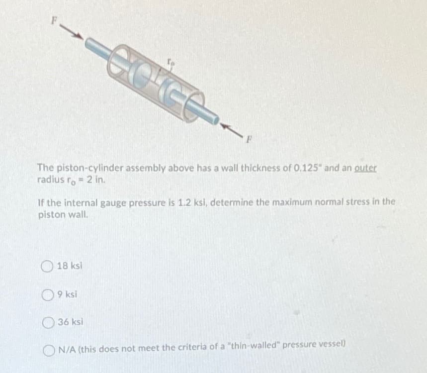 The piston-cylinder assembly above has a wall thickness of 0.125" and an outer
radius ro= 2 in.
If the internal gauge pressure is 1.2 ksi, determine the maximum normal stress in the
piston wall.
18 ksl
O9 ksi
36 ksi
N/A (this does not meet the criteria of a "thin-walled" pressure vessel)
