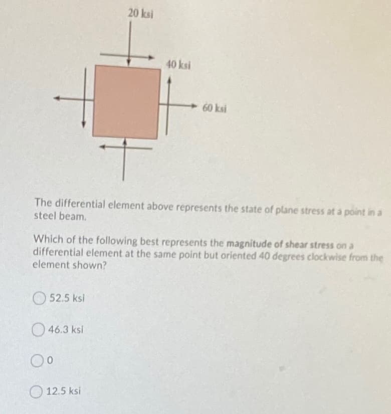 20 ksi
40 ksi
60 ksi
The differential element above represents the state of plane stress at a point in a
steel beam.
Which of the following best represents the magnitude of shear stress on a
differential element at the same point but oriented 40 degrees clockwise from the
element shown?
O52.5 ksi
O46.3 ksi
12.5 ksi
