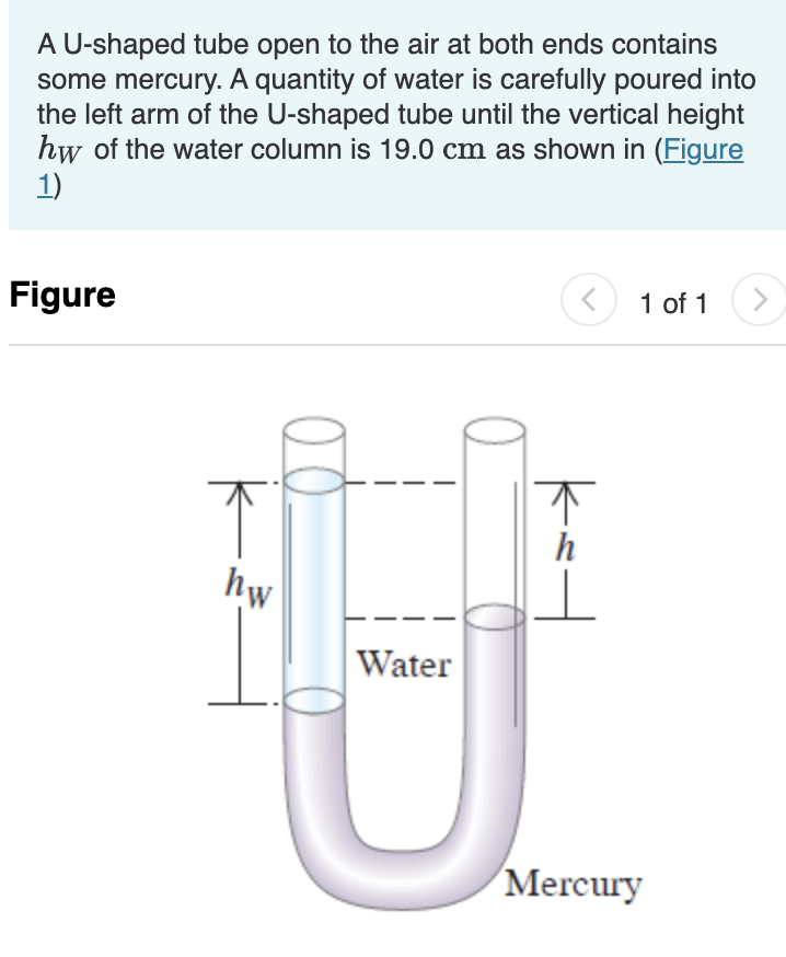 A U-shaped tube open to the air at both ends contains
some mercury. A quantity of water is carefully poured into
the left arm of the U-shaped tube until the vertical height
hw of the water column is 19.0 cm as shown in (Figure
1)
Figure
1 of 1
<>
h
hw
Water
Mercury
