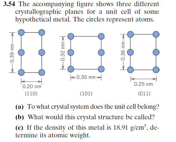 3.54 The accompanying figure shows three different
crystallographic planes for a unit cell of some
hypothetical metal. The circles represent atoms.
k0.30 nm>
0.25 nm
0.20 nm
(110)
(101)
(011)
(a) To what crystal system does the unit cell belong?
(b) What would this crystal structure be called?
(c) If the density of this metal is 18.91 g/cm³, de-
termine its atomic weight.
0.39 nm-
F0.32 nm
0.36 nm-
