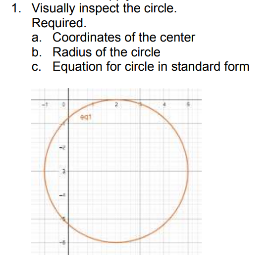 1. Visually inspect the circle.
Required.
a. Coordinates of the center
b. Radius of the circle
c. Equation for circle in standard form
eqt

