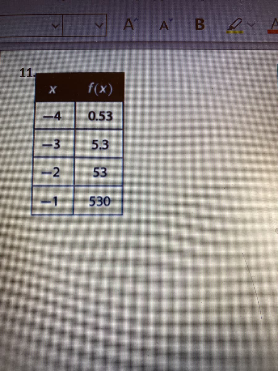 A A B or A
11.
f(x)
-4
0.53
-3
5.3
-2
53
-1
530
