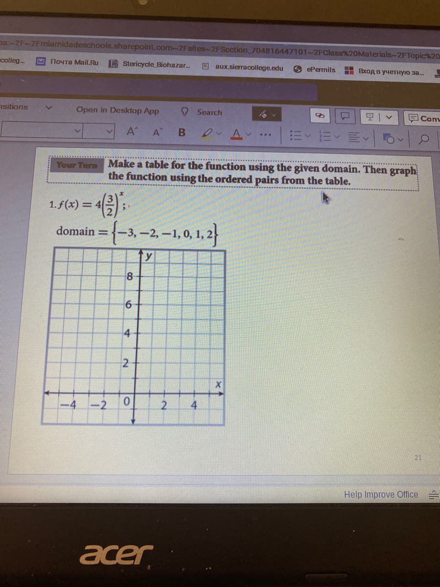 ps-2F~2Fmiamidadeschools.sharepoint.com-2Fsites~2FSection_704816447101~2FClass%20Materials-2FTopic%20
colleg.
M NOYTA Mail.Ru
Stericycle Biohazar.
O aux.sierracollege.edu
9 ePermits
Вход в учетную за..
nsitions
Open in Desktop App
O Search
of
E Conv
A
A"
Make a table for the function using the given domain. Then graph
the function using the ordered pairs from the table.
Your Turn
1. f(x) =
-2-1.0.1.2
domain =-3,-2,
y
8
4
-4
-2
2.
4
21
Help Improve Office
acer
2.
3/2
