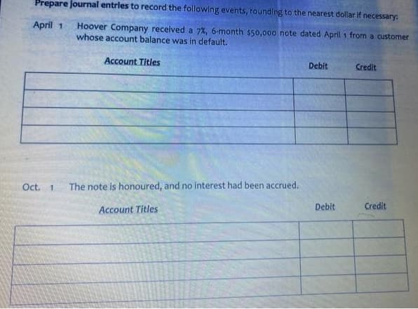 Prepare journal entrles to record the following events, rounding to the nearest dollar if necessary:
April 1
Hoover Company received a 7%, 6-month s50,000 note dated April 1 from a customer
whose account balance was in default.
Account Titles
Debit
Credit
Oct. 1
The note is honoured, and no interest had been accrued.
Account Titles
Debit
Credit
