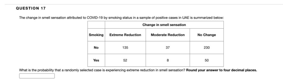 QUESTION 17
The change in smell sensation attributed to COVID-19 by smoking status in a sample of positive cases in UAE is summarized below:
Change in smell sensation
Smoking
Extreme Reduction
Moderate Reduction
No Change
No
135
37
230
Yes
52
8
50
What is the probability that a randomly selected case is experiencing extreme reduction in smell sensation? Round your answer to four decimal places.
