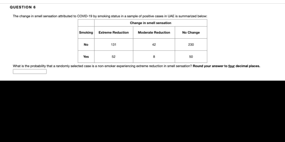 QUESTION 6
The change in smell sensation attributed to COVID-19 by smoking status in a sample of positive cases in UAE is summarized below:
Change in smell sensation
Smoking
Extreme Reduction
Moderate Reduction
No Change
No
131
42
230
Yes
52
50
What is the probability that a randomly selected case is a non-smoker experiencing extreme reduction in smell sensation? Round your answer to four decimal places.
