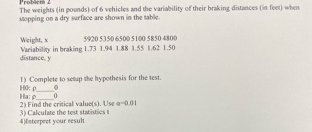 Problem 2
The weights (in pounds) of 6 vehicles and the variability of their braking distances (in feet) when
stopping on a dry surface are shown in the table.
5920 5350 6500 5100 5850 4800
Weight, x
Variability in braking 1.73 1.94 1.88 1.55 1.62 1.50
distance, y
1) Complete to setup the hypothesis for the test.
HO: P.
На: Р.
2) Find the critical value(s). Use a=0.01
3) Calculate the test statistics t
4)Interpret your result

