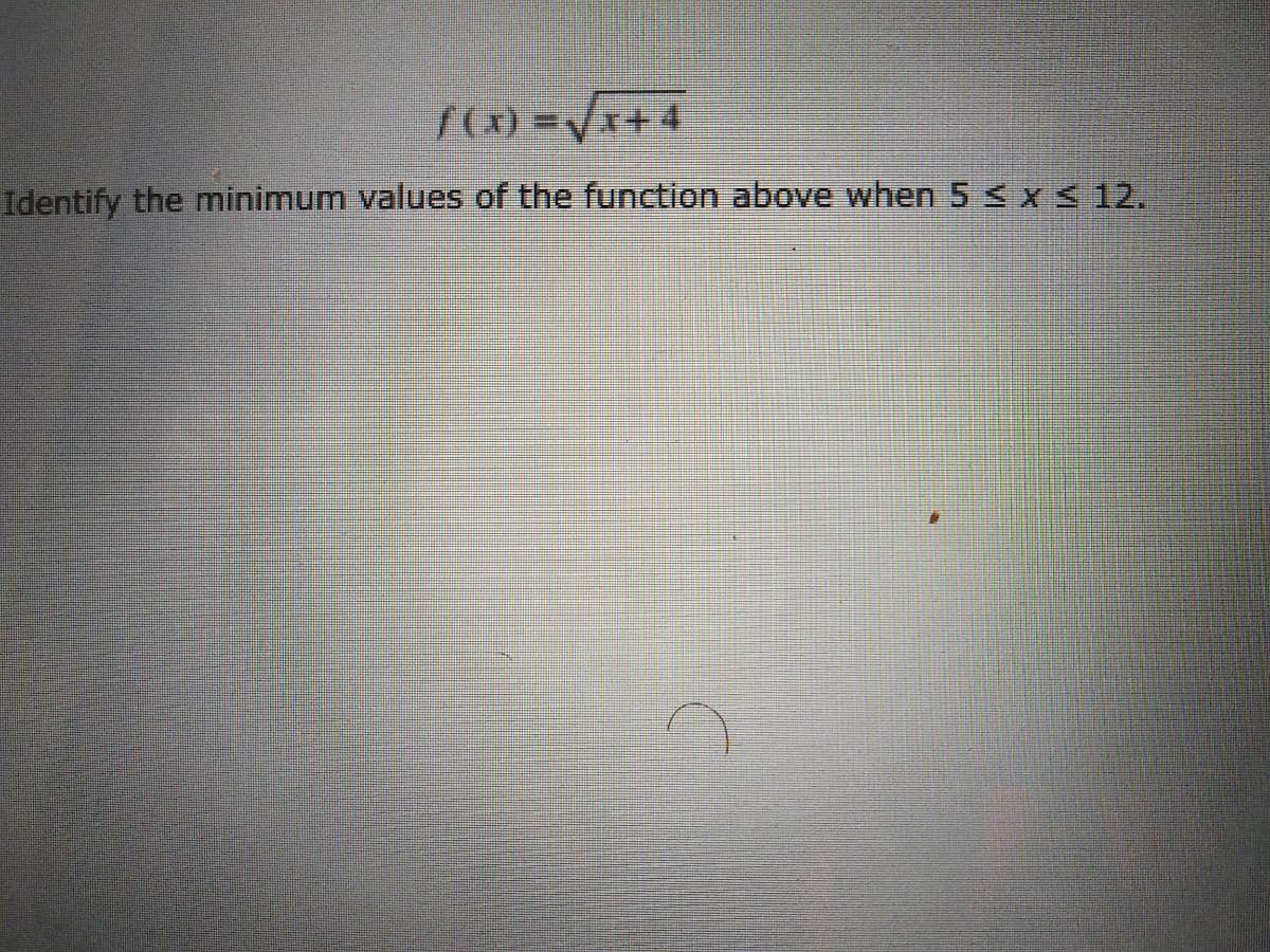 f(x) =Vx+
Identify the minimum values of the function above when 5 s x s 12.
