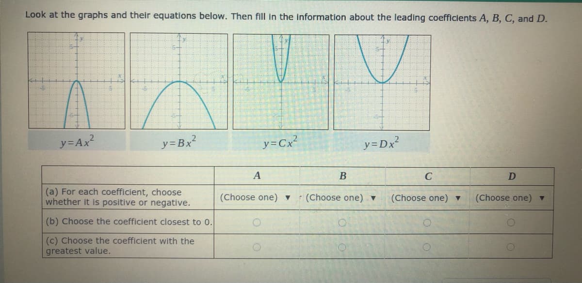 Look at the graphs and their equations below. Then fill in the information about the leading coefficients A, B, C, and D.
y=Ax²
y=Bx²
y=Cx²
y=Dx?
B
C
D
(a) For each coefficient, choose
whether it is positive or negative.
(Choose one) Y
(Choose one) ▼
(Choose one) ▼
(Choose one) ▼
(b) Choose the coefficient closest to 0.
(c) Choose the coefficient with the
greatest value.
