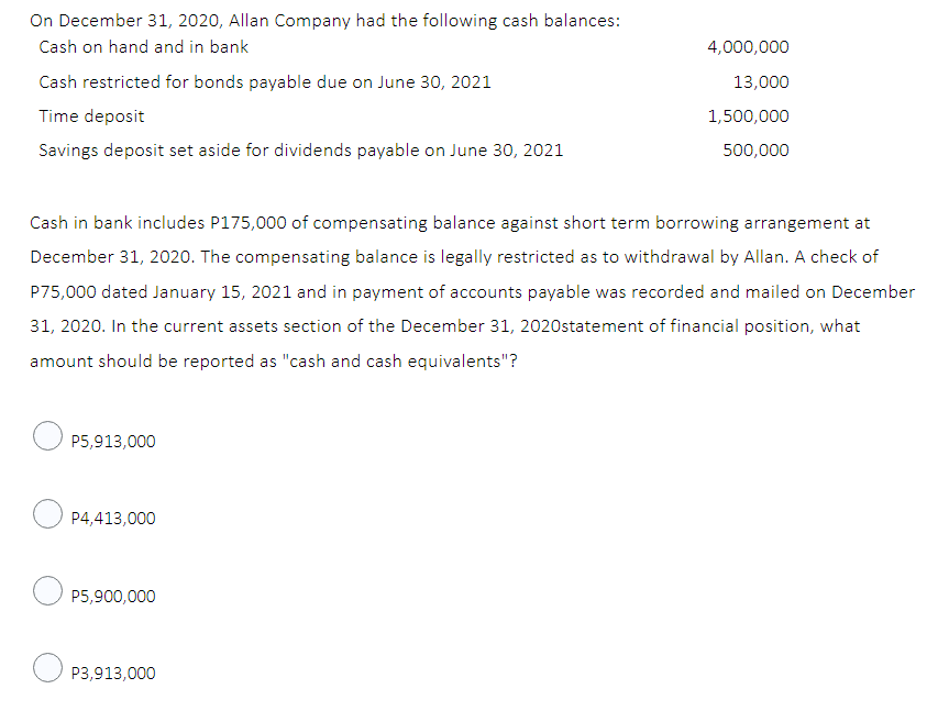 On December 31, 2020, Allan Company had the following cash balances:
Cash on hand and in bank
4,000,000
Cash restricted for bonds payable due on June 30, 2021
13,000
Time deposit
1,500,000
Savings deposit set aside for dividends payable on June 30, 2021
500,000
Cash in bank includes P175,000 of compensating balance against short term borrowing arrangement at
December 31, 2020. The compensating balance is legally restricted as to withdrawal by Allan. A check of
P75,000 dated January 15, 2021 and in payment of accounts payable was recorded and mailed on December
31, 2020. In the current assets section of the December 31, 2020statement of financial position, what
amount should be reported as "cash and cash equivalents"?
P5,913,000
P4,413,000
P5,900,000
P3,913,000