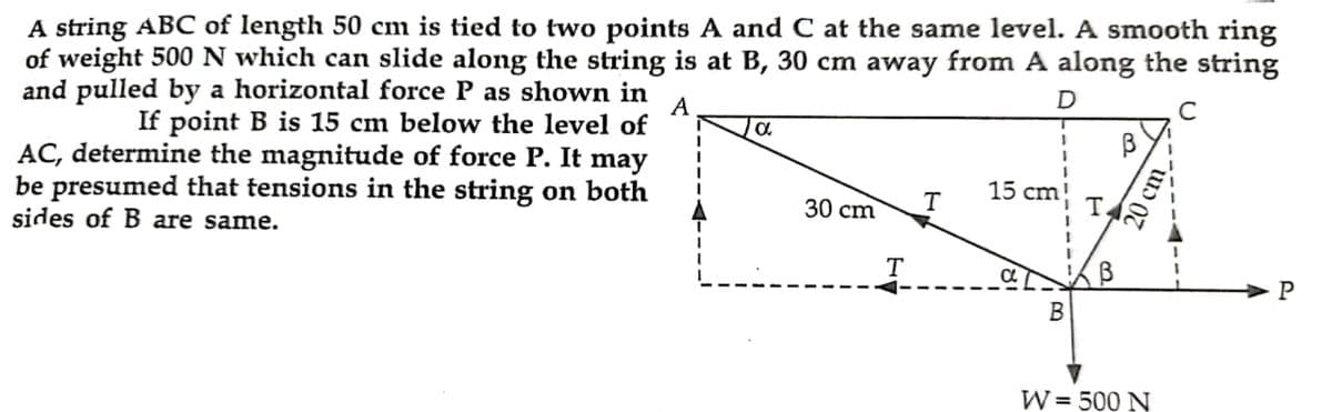 A string ABC of length 50 cm is tied to two points A and C at the same level. A smooth ring
of weight 500 N which can slide along the string is at B, 30 cm away from A along the string
and pulled by a horizontal force P as shown in
A
C
If point B is 15 cm below the level of
AC, determine the magnitude of force P. It may
be presumed that tensions in the string on both
sides of B are same.
15 cm
T.
30 cm
T
T
W = 500 N
20 cm
