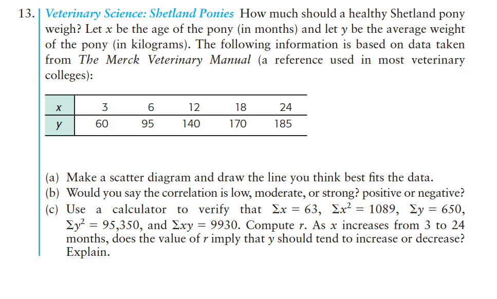 13.| Veterinary Science: Shetland Ponies How much should a healthy Shetland pony
weigh? Let x be the age of the pony (in months) and let y be the average weight
of the pony (in kilograms). The following information is based on data taken
from The Merck Veterinary Manual (a reference used in most veterinary
colleges):
х
3
12
18
24
60
95
140
170
185
(a) Make a scatter diagram and draw the line you think best fits the data.
(b) Would you say the correlation is low, moderate, or strong? positive or negative?
(c) Use a calculator to verify that Ex = 63, Ex² = 1089, £y = 650,
Ey = 95,350, and Exy = 9930. Compute r. As x increases from 3 to 24
months, does the value of r imply that y should tend to increase or decrease?
Explain.
