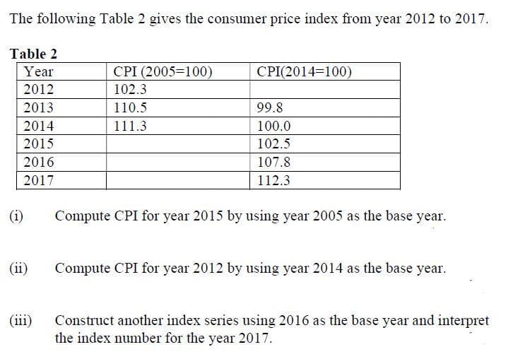 The following Table 2 gives the consumer price index from year 2012 to 2017.
Table 2
Year
CPI (2005=100)
CPI(2014=100)
2012
102.3
2013
110.5
99.8
2014
111.3
100.0
2015
102.5
2016
107.8
2017
112.3
(i)
Compute CPI for year 2015 by using year 2005 as the base year.
(ii)
Compute CPI for year 2012 by using year 2014 as the base year.
Construct another index series using 2016 as the base year and interpret
the index number for the year 2017.
(iii)
