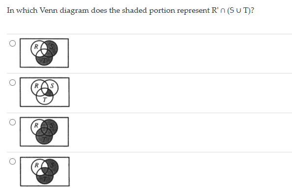 In which Venn diagram does the shaded portion represent R'n (SUT)?
R
T
R