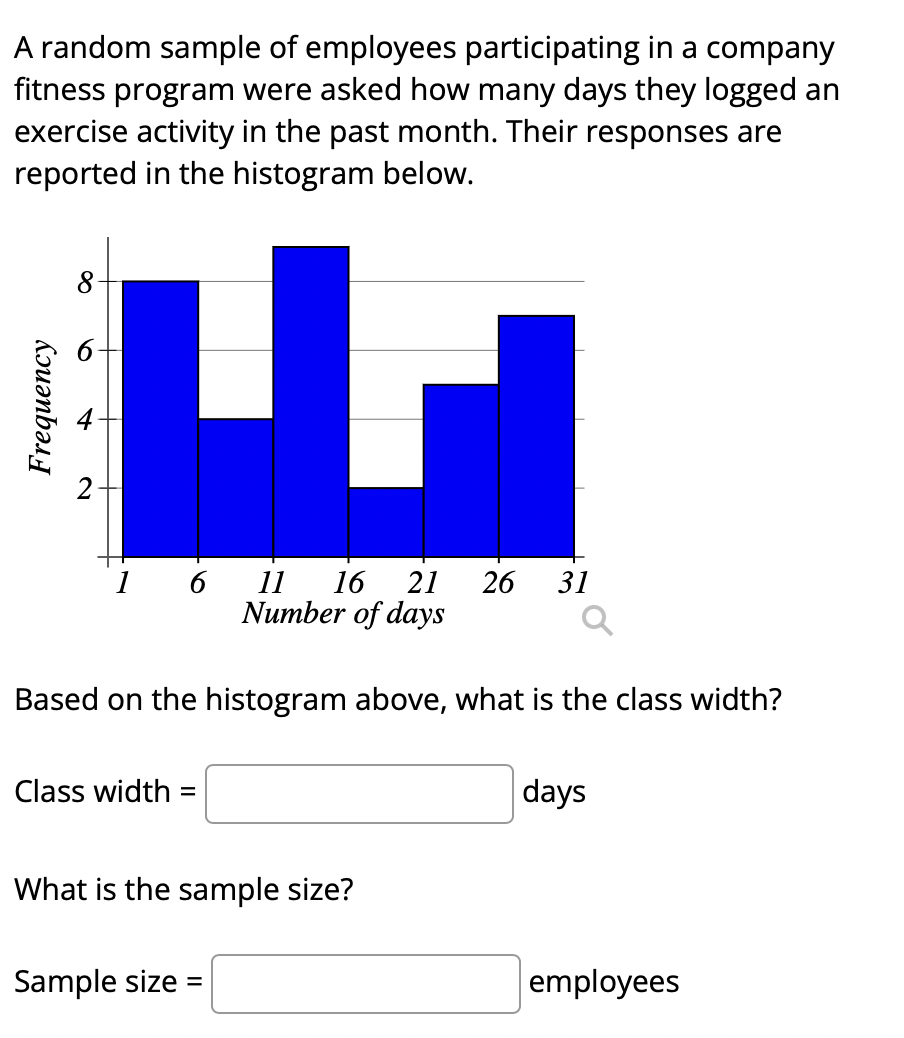 A random sample of employees participating in a company
fitness program were asked how many days they logged an
exercise activity in the past month. Their responses are
reported in the histogram below.
1
6
11
16
21
26
31
Number of days
Based on the histogram above, what is the class width?
Class width =
days
%3D
What is the sample size?
Sample size =
employees
6
Kouənbəu
