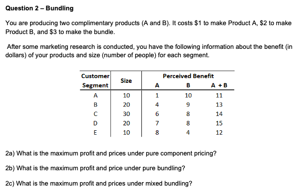 Question 2 - Bundling
You are producing two complimentary products (A and B). It costs $1 to make Product A, $2 to make
Product B, and $3 to make the bundle.
After some marketing research is conducted, you have the following information about the benefit (in
dollars) of your products and size (number of people) for each segment.
Customer
Perceived Benefit
Size
Segment
A
B
A +B
A
10
1
10
11
B
4
9
13
30
6.
8
14
D
7
8
15
E
10
8
4
12
2a) What is the maximum profit and prices under pure component pricing?
2b) What is the maximum profit and price under pure bundling?
2c) What is the maximum profit and prices under mixed bundling?
