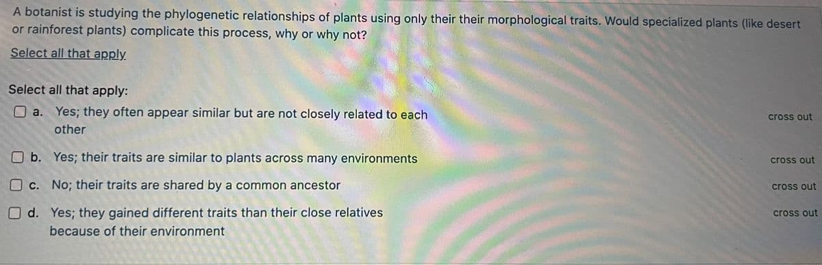 A botanist is studying the phylogenetic relationships of plants using only their their morphological traits. Would specialized plants (like desert
or rainforest plants) complicate this process, why or why not?
Select all that apply
Select all that apply:
a. Yes; they often appear similar but are not closely related to each
other
Ob.
Yes; their traits are similar to plants across many environments
c.
No; their traits are shared by a common ancestor
Od. Yes; they gained different traits than their close relatives
because of their environment
cross out
cross out
cross out
cross out