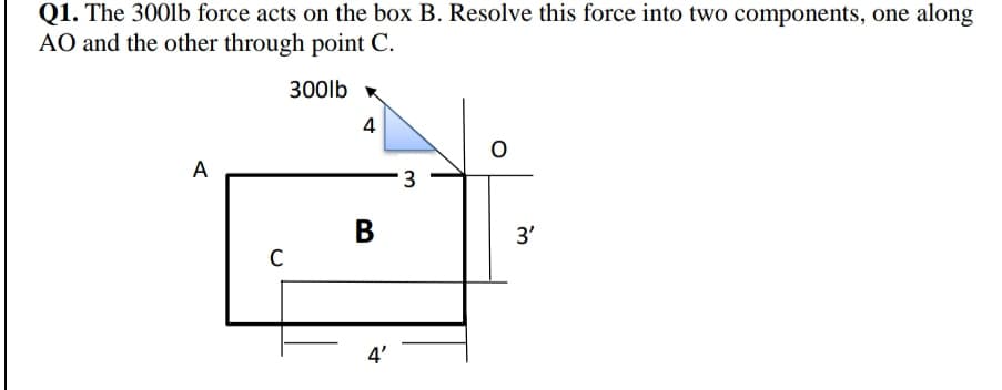 Q1. The 300lb force acts on the box B. Resolve this force into two components, one along
AO and the other through point C.
300lb
4
A
3
В
3'
C
4'

