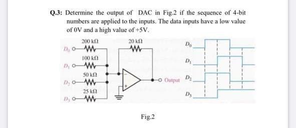 Q.3: Determine the output of DAC in Fig.2 if the sequence of 4-bit
numbers are applied to the inputs. The data inputs have a low value
of 0V and a high value of +5V.
200 k
D, oW
20 kfl
D,
100 kn
D
D, oW
50 kN
D, oM
O Output
25 kf
Dy
D, oW
Fig.2
