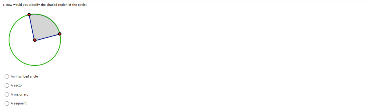 1. How would you classify the shaded region of the circle?
O An inscribed angle
A sector
O A major arc
O A segment
O O
