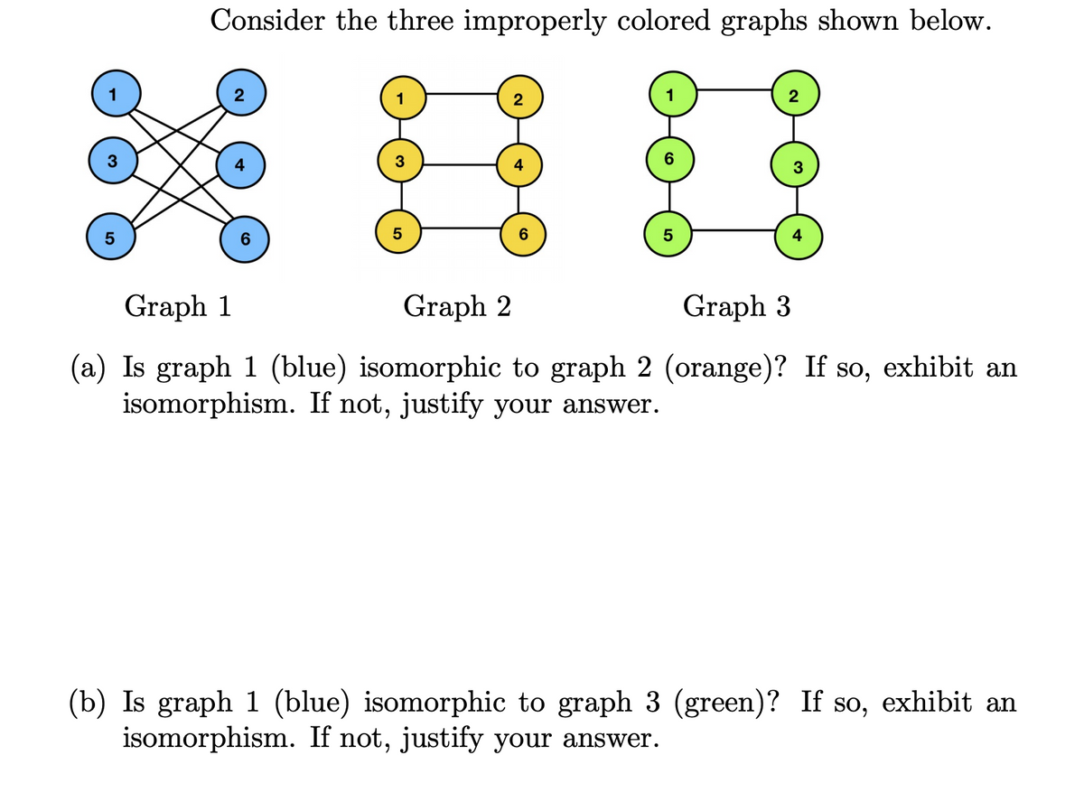 Consider the three improperly colored graphs shown below.
5
Graph 1
Graph 2
Graph 3
(a) Is graph 1 (blue) isomorphic to graph 2 (orange)? If so, exhibit an
isomorphism. If not, justify your answer.
(b) Is graph 1 (blue) isomorphic to graph 3 (green)? If so, exhibit an
isomorphism. If not, justify your answer.
