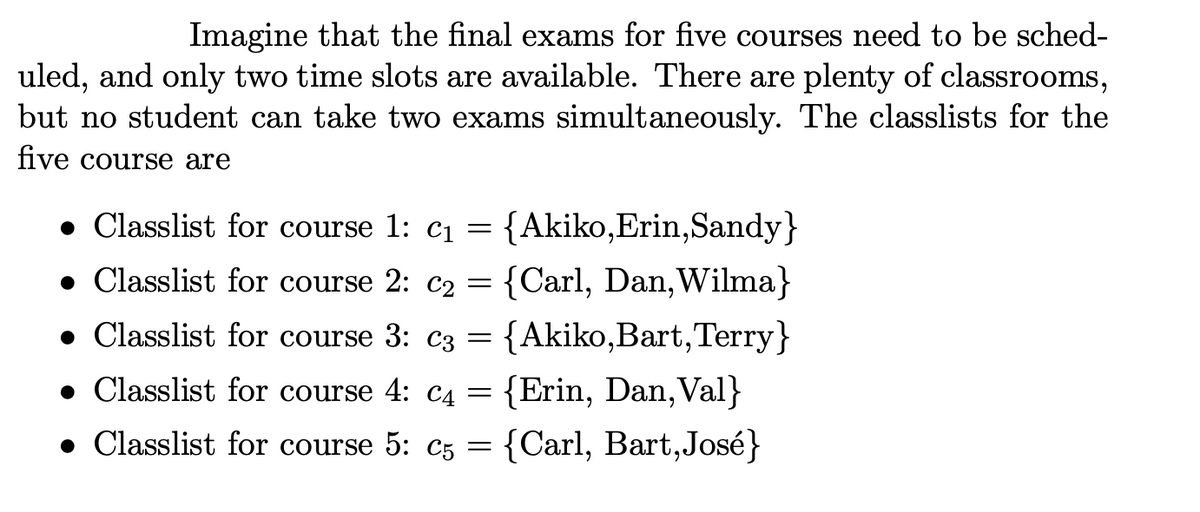 Imagine that the final exams for five courses need to be sched-
uled, and only two time slots are available. There are plenty of classrooms,
but no student can take two exams simultaneously. The classlists for the
five course are
• Classlist for course 1: ci
{Akiko,Erin,Sandy}
• Classlist for course 2: c2
{Carl, Dan, Wilma}
• Classlist for course 3: c3
{Akiko,Bart,Terry}
• Classlist for course 4: C4
{Erin, Dan, Val}
• Classlist for course 5: c5
{Carl, Bart,José}
