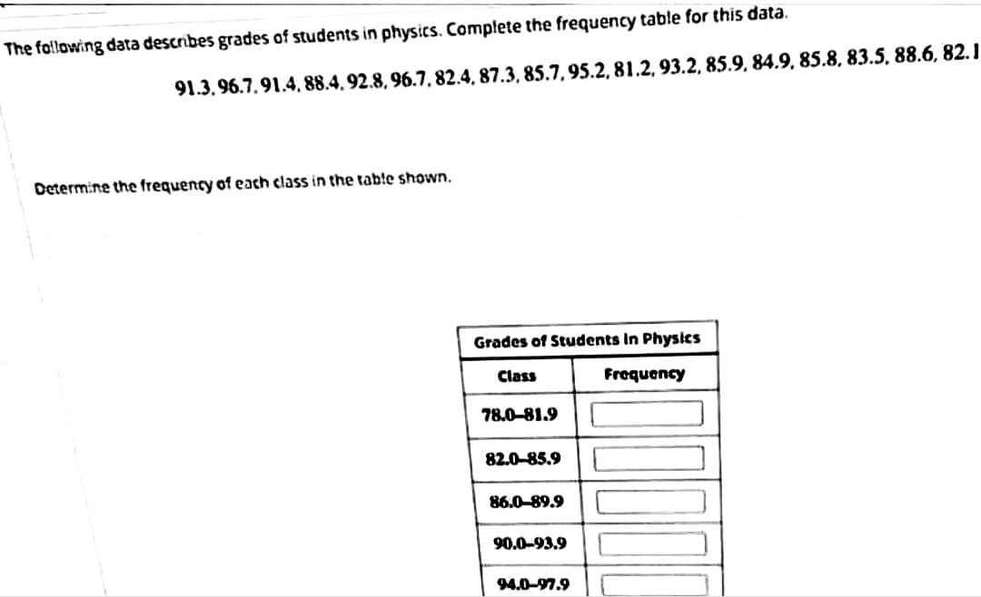 The following data describes grades of students in physics. Complete the frequency table for this data.
91.3.96.7,91.4, 88.4.92.8, 96.7, 82.4, 87.3, 85.7, 95.2, 81.2, 93.2, 85.9, 84.9, 85.8, 83.5, 88.6, 82. I
Determine the frequency of each class in the table shown.
Grades of Students in Physics
Class
Frequency
78.0-81.9
82.0-85.9
86.0-89.9
90.0-93.9
94.0-97.9
