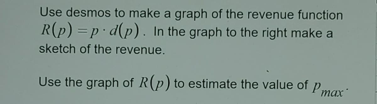 Use desmos to make a graph of the revenue function
R(p) =p·d(p). In the graph to the right make a
sketch of the revenue.
Use the graph of R(p) to estimate the value of p:
