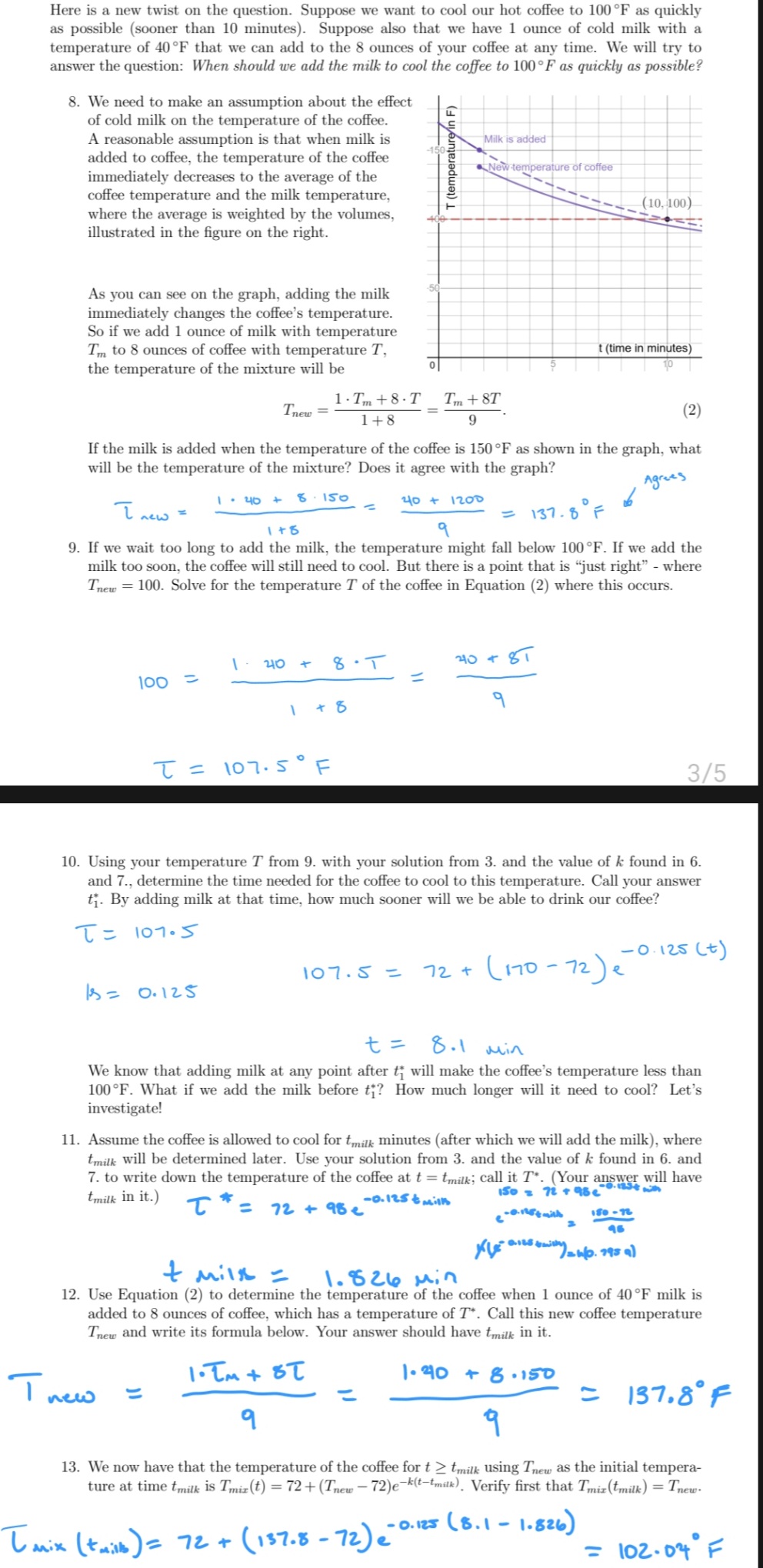 Here is a new twist on the question. Suppose we want to cool our hot coffee to 100°F as quickly
as possible (sooner than 10 minutes). Suppose also that we have 1 ounce of cold milk with a
temperature of 40°F that we can add to the 8 ounces of your coffee at any time. We will try to
answer the question: When should we add the milk to cool the coffee to 100°F as quickly as possible?
8. We need to make an assumption about the effect
of cold milk on the temperature of the coffee.
A reasonable assumption is that when milk is
added to coffee, the temperature of the coffee
immediately decreases to the average of the
coffee temperature and the milk temperature,
where the average is weighted by the volumes,
illustrated in the figure on the right.
Milk is added
-150
New temperature of coffee
(10, 100)
400
-50
As you can see on the graph, adding the milk
immediately changes the coffee's temperature.
So if we add 1 ounce of milk with temperature
Tm to 8 ounces of coffee with temperature T,
the temperature of the mixture will be
t (time in minutes)
1. Tm + 8 · T
Tm + 8T
Tnew =
(2)
1+8
If the milk is added when the temperature of the coffee is 150 °F as shown in the graph, what
will be the temperature of the mixture? Does it agree with the graph?
Agrees
I. 40 + 8.150
40 + 1200
I new =
= 137.8°F
%3D
9
9. If we wait too long to add the milk, the temperature might fall below 100°F. If we add the
milk too soon, the coffee will still need to cool. But there is a point that is "just right" - where
Tnew = 100. Solve for the temperature T of the coffee in Equation (2) where this occurs.
240
8.T
240 + 81
100 =
I +8
て=
107.5° F
3/5
10. Using your temperature T from 9. with your solution from 3. and the value of k found in 6.
and 7., determine the time needed for the coffee to cool to this temperature. Call your answer
t. By adding milk at that time, how much sooner will we be able to drink our coffee?
Tニ 101.S
-0.125 (t)
72 + (170-72)e
107.5 =
s= 0.125
t =
8.1 Min
We know that adding milk at any point after t; will make the coffee's temperature less than
100°F. What if we add the milk before t;? How much longer will it need to cool? Let's
investigate!
11. Assume the coffee is allowed to cool for t,milk minutes (after which we will add the milk), where
tmilk will be determined later. Use your solution from 3. and the value of k found in 6. and
7. to write down the temperature of the coffee at t = tmilk; call it T*. (Your answer will have
tmilk in it.)
-0.125tmiln
T= 12 + 98 e
ifo - n
そmiit >
1.826 Min
12. Use Equation (2) to determine the temperature of the coffee when 1 ounce of 40°F milk is
added to 8 ounces of coffee, which has a temperature of T*. Call this new coffee temperature
Tnew and write its formula below. Your answer should have tmilk in it.
Tnew
|• 40 + 8 ·150
こ
- 137.8°F
13. We now have that the temperature of the coffee for t > tmilk using Tnew as the initial tempera-
ture at time tmilk is Tmiz (t) = 72+(Tnew – 72)e¬k(t-tmilk). Verify first that Tmiz(tmilk) = Tnew-
- o. 123 (8.1 - 1.826)
I mix (tain)= 72 + "
(137.8-72)e
lo2.04° F
Emillo
%3D
* (temperature in F)
