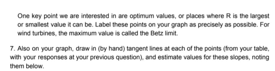 One key point we are interested in are optimum values, or places where R is the largest
or smallest value it can be. Label these points on your graph as precisely as possible. For
wind turbines, the maximum value is called the Betz limit.

