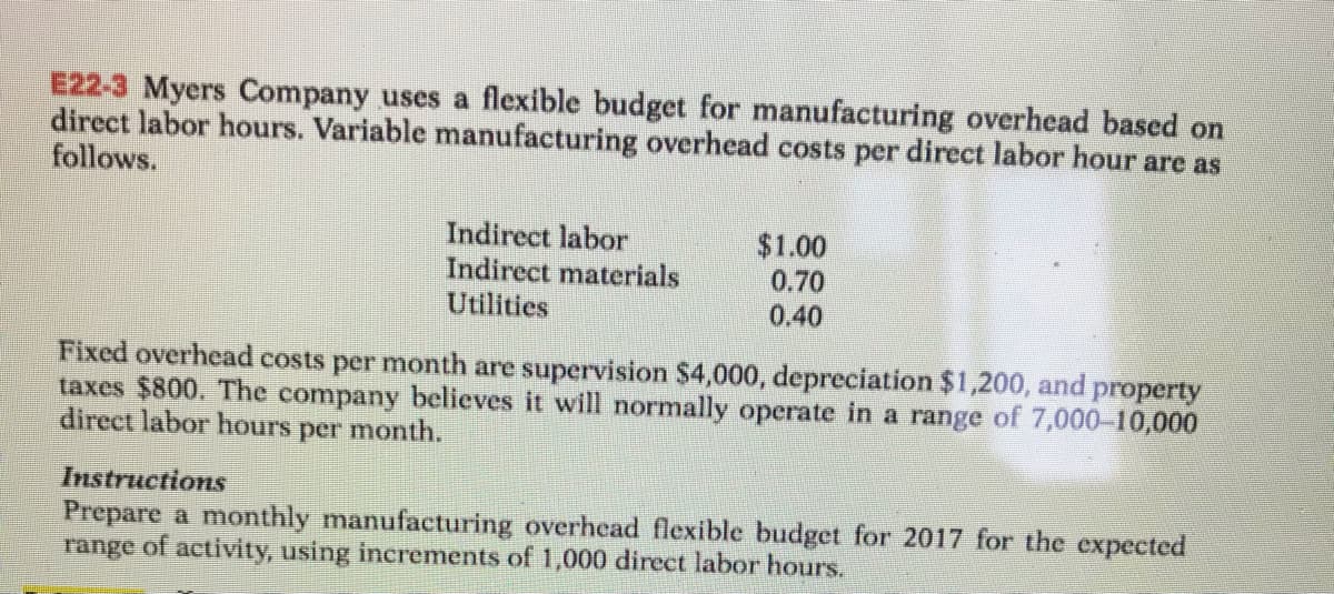 E22-3 Myers Company uses a flexible budget for manufacturing overhead based on
direct labor hours. Variable manufacturing overhead costs per direct labor hour are as
follows.
Indirect labor
Indirect materials
Utilities
$1.00
0.70
0.40
Fixed overhead costs per month are supervision $4,000, depreciation $1,200, and property
taxes $800. The company believes it will normally operate in a range of 7,000-10,000
direct labor hours per month.
Instructions
Prepare a monthly manufacturing overhead flexible budget for 2017 for the expected
range of activity, using increments of 1,000 direct labor hours.
