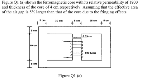 Figure Q1 (a) shows the ferromagnetic core with its relative permeability of 1800
and thickness of the core of 4 cm respectively. Assuming that the effective area
of the air gap is 5% larger than that of the core due to the fringing effects.
5 cm
30 em
5 em
5 cm
25 cm
5 om
0.03 em
40 cm
s00 turns
5 om
Figure Q1 (a)
