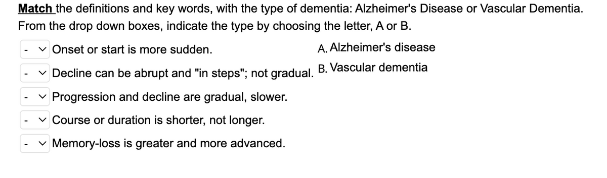 Match the definitions and key words, with the type of dementia: Alzheimer's Disease or Vascular Dementia.
From the drop down boxes, indicate the type by choosing the letter, A or B.
✓ Onset or start is more sudden.
A. Alzheimer's disease
✓ Decline can be abrupt and "in steps"; not gradual. B. Vascular dementia
✓ Progression and decline are gradual, slower.
Course or duration is shorter, not longer.
Memory-loss is greater and more advanced.