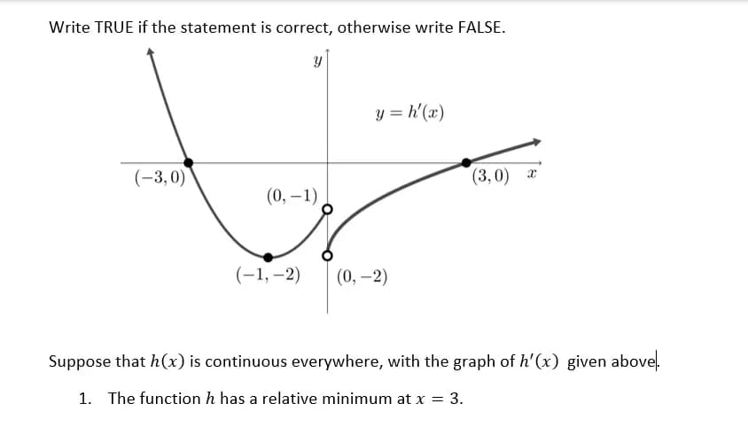 Write TRUE if the statement is correct, otherwise write FALSE.
y
y = h'(x)
(-3,0)
(3,0) x
(0, -1)
(-1,-2) (0, -2)
Suppose that h(x) is continuous everywhere, with the graph of h'(x) given above.
1. The function h has a relative minimum at x = 3.