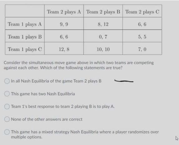 Team 2 plays A Team 2 plays B Team 2 plays C
Team 1 plays A
9, 9
8, 12
6, 6
Team 1 plays B
6, 6
0, 7
5, 5
Team 1 plays C
12, 8
10, 10
7,0
Consider the simultaneous move game above in which two teams are competing
against each other. Which of the following statements are true?
In all Nash Equilibria of the game Team 2 plays B
This game has two Nash Equilibria
Team 1's best response to team 2 playing B is to play A.
O None of the other answers are correct
This game has a mixed strategy Nash Equilibria where a player randomizes over
multiple options.
