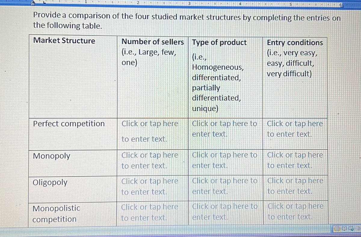 4
Provide a comparison of the four studied market structures by completing the entries on
the following table.
Market Structure
Number of sellers Type of product
(i.e., Large, few,
one)
Entry conditions
(i.e., very easy,
(i.e.,
Homogeneous,
differentiated,
easy, difficult,
very difficult)
partially
differentiated,
unique)
Perfect competition
Click or tap here
Click or tap here to
Click or tap here
enter text.
to enter text.
to enter text.
Click or tap here to
Click or tap here
to enter text.
Monopoly
Click or tap here
to enter text.
enter text.
Oligopoly
Click or tap here
Click or tap here to
Click or tap here
to enter text.
enter text.
to enter text.
Click or tap here
Click or tap here to
Click or tap here
Monopolistic
competition
to enter text.
enter text.
to enter text.
