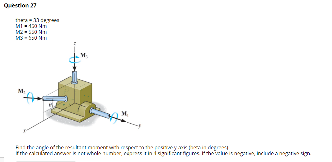 Question 27
theta = 33 degrees
M1 = 450 Nm
M2 = 550 Nm
M3 = 650 Nm
M3
M,
M
Find the angle of the resultant moment with respect to the positive y-axis (beta in degrees).
If the calculated answer is not whole number, express it in 4 significant figures. If the value is negative, include a negative sign.
